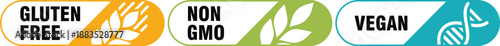Set of three 'Gluten Free', 'Non GMO', and 'Vegan' vector certification badges
