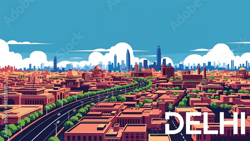 Vector illustration of Delhi cityscape featuring a large Indian metropolitan skyline with generic government and residential buildings, wide roads, and modern urban atmosphere in flat vector style