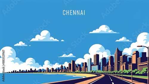 Vector illustration of Chennai cityscape presenting a coastal Indian city with generic urban buildings, seaside roads, and open skyline in flat solid colors for travel and lifestyle design