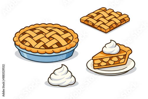 Savory apple pie with whipped cream: classic dessert in modern cartoon style art