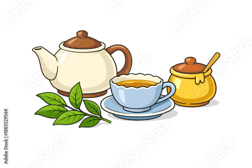 Charming tea set with cup, teapot, honey jar, and fresh leaves in flat cartoon style