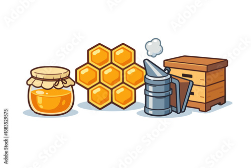 Charming beekeeping icons: honey jar, hexagonal honeycomb, smoker, hive box in cartoon style