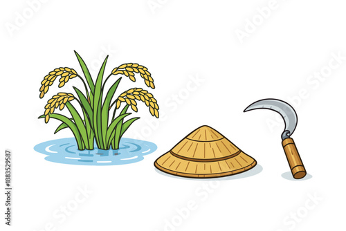 Cartoon style rice plant with harvest tools on white background