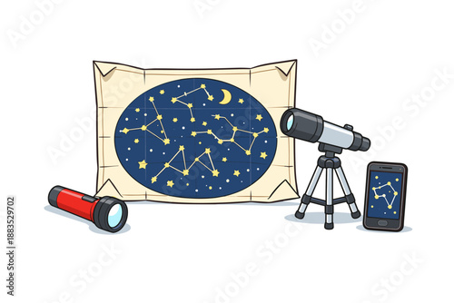 Astronomy tools: telescope, constellation map, and smartphone stargazing setup