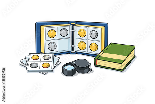 Colorful collector's coin album with magnifying glass