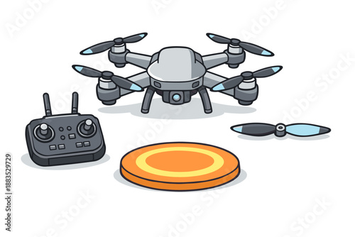 Modern drone equipment set with remote controller and landing pad