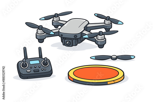 Advanced drone kit with remote controller and landing pad in cartoon style