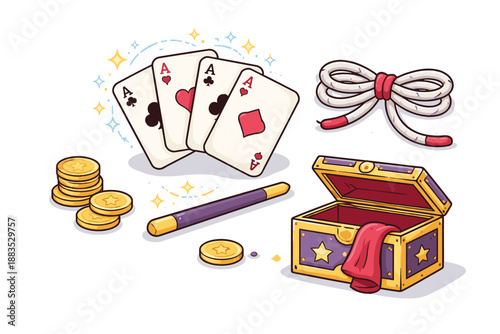 Magic set with playing cards, magic wand, and treasure chest in cartoon style