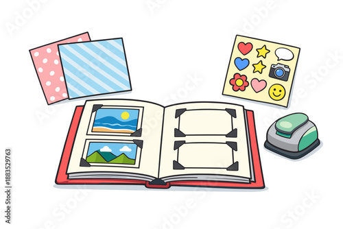 Scrapbook kit with stickers and polaroid photos in cartoon style