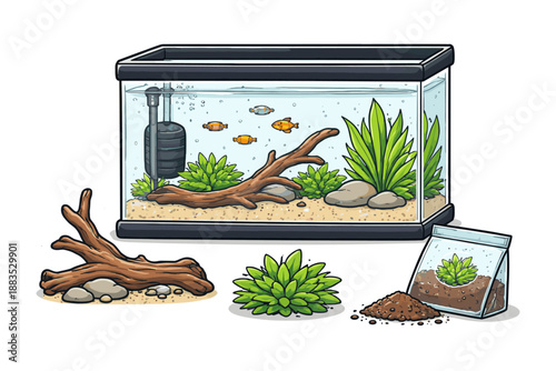 Aquarium setup with fish and plants in cartoon style