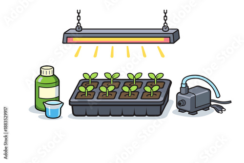 Hydroponic garden setup with led grow light and seedlings in flat design