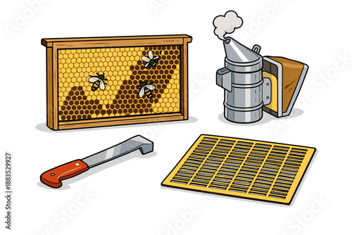 Beekeeping tools and honeycomb frame with bees illustration in cartoon style