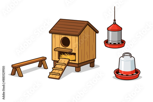 Rustic wooden chicken coop with essential accessories for poultry farming
