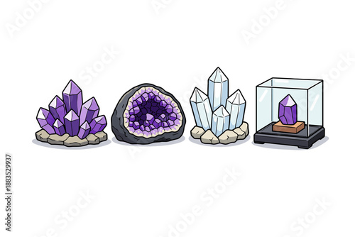 Colorful crystal collection in cartoon style with amethyst and quartz variations