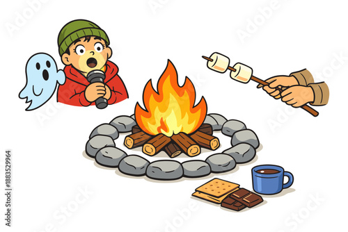 Camping storytime with marshmallows, ghost, and campfire fun