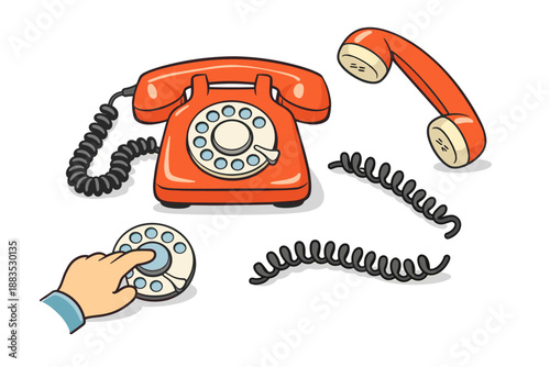 Retro red rotary telephone with hand dialing and detached handset on white background