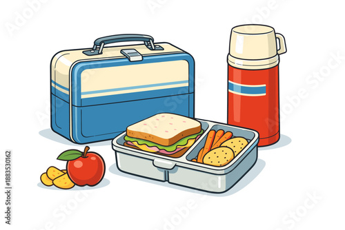 Retro lunchbox with thermos and snack items in cartoon style