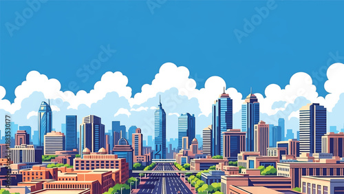Vector illustration of Ahmedabad cityscape showing an expanding Indian urban skyline with generic buildings, wide streets, and modern infrastructure in flat solid colors for business and travel visual