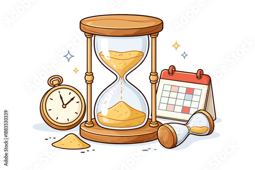 Time management concept with hourglass, pocket watch, and calendar in cartoon style
