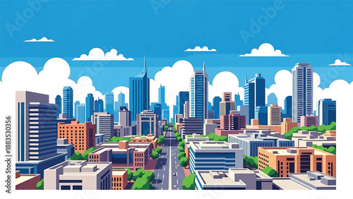 Vector illustration of Ahmedabad cityscape showing an expanding Indian urban skyline with generic buildings, wide streets, and modern infrastructure in flat solid colors for business and travel visual