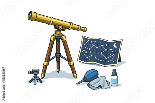 Space exploration setup: telescope and star map illustration for astronomy enthusiasts
