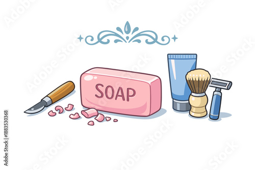 Vintage shaving essentials with soap and razor in cartoon style