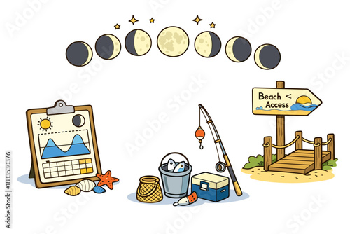 Beach day with lunar phases: fishing, seashells, and sun