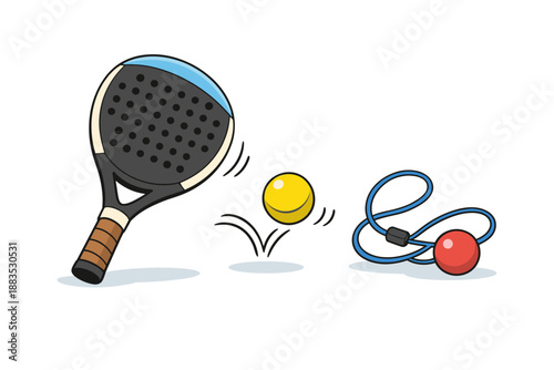 Padel racket, ball, and jump rope in dynamic cartoon style illustration
