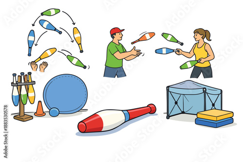 Juggling practice with pins and props: a cartoon scene of coordinated fun and skillful play