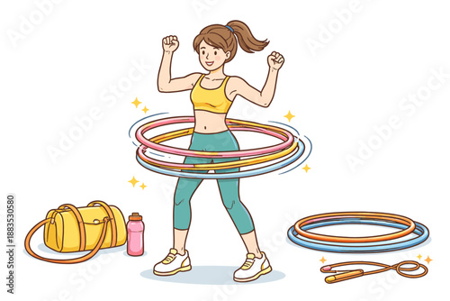 Young woman hula hooping with fitness accessories in a playful cartoon style