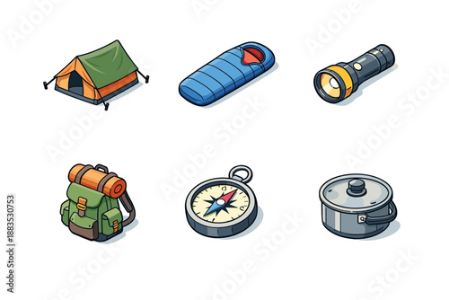 Camping gear essentials: tent, sleeping bag, flashlight, backpack, compass, cooking pot icons