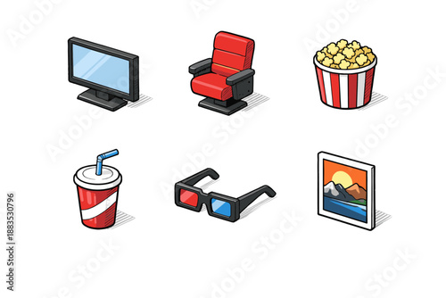 Retro cinema icons collection: classic theater vibes with cartoon style elements