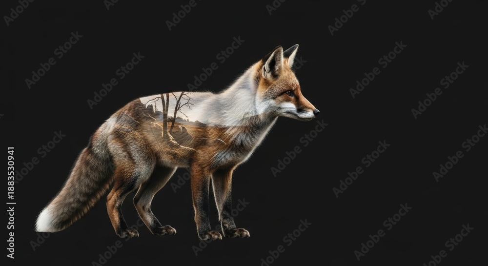 Obraz premium double exposure of a fox with fox habitat nature background, animal silhouette, animal photography, wilderness and conservation
