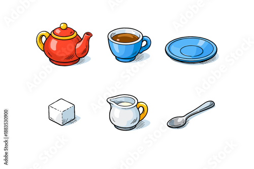 Retro tea set with teapot, cup, saucer, sugar, creamer, and spoon