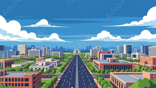 Vector illustration of Chandigarh cityscape showing a planned Indian city with organized blocks, clean roads, and generic modern buildings in flat vector style for urban planning visuals