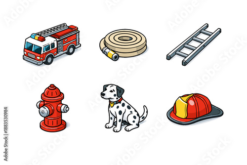 Firefighting essentials: fire truck, hose, ladder, hydrant, dalmatian, and helmet in isometric style