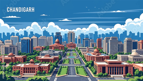 Vector illustration of Chandigarh cityscape showing a planned Indian city with organized blocks, clean roads, and generic modern buildings in flat vector style for urban planning visuals