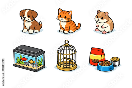 Cute domestic animals and pet supplies in colorful cartoon style