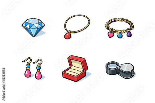 Stylish jewelry icons: diamonds, bracelets, and more in isometric design