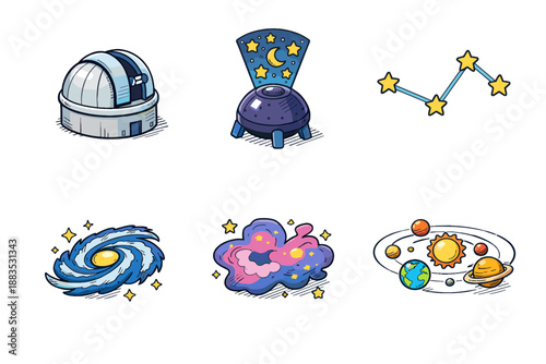 Cartoon astronomy icons: observatories, constellations, galaxies, and solar system