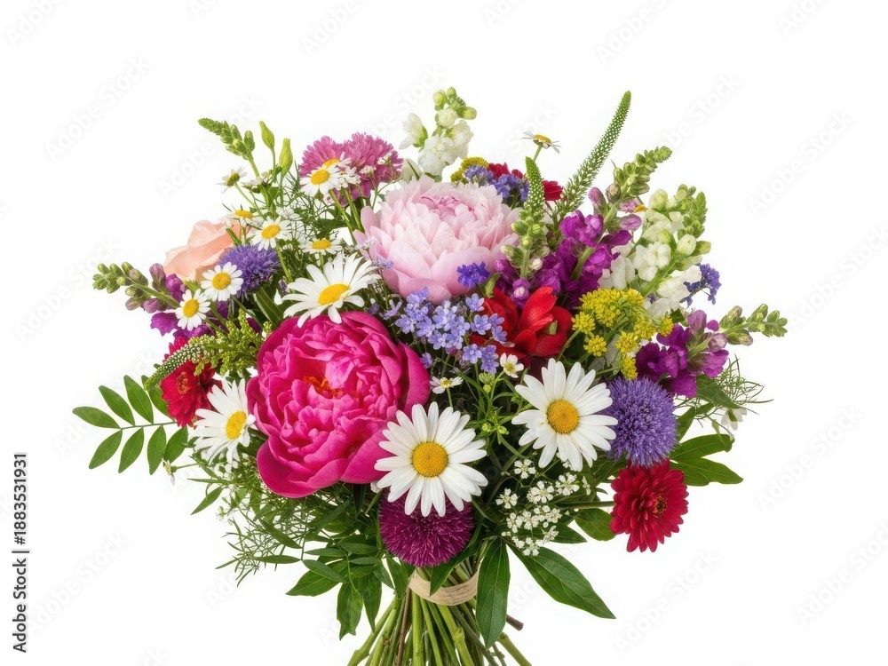 Fototapeta premium Vibrant bouquet of mixed flowers with daisies and peonies isolated on white background