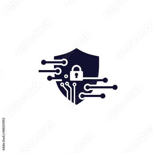 Cybersecurity shield with circuit board and lock icon, symbolizing digital protection and secure data transmission, viewed from a straightforward perspective