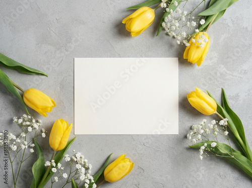 Top View of a Blank Greeting Card Framed by a Floral Wreath of Yellow Tulips and White Gypsophila on Grey Stone