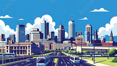 Vector illustration of Berlin cityscape showing a modern European capital skyline with generic contemporary buildings, wide streets, and urban lifestyle atmosphere in flat solid colors for travel and 