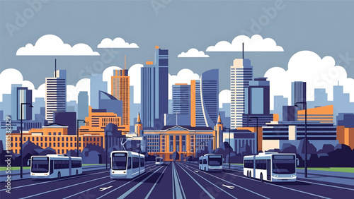Vector illustration of Berlin cityscape showing a modern European capital skyline with generic contemporary buildings, wide streets, and urban lifestyle atmosphere in flat solid colors for travel and 