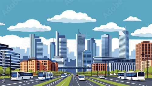 Vector illustration of Berlin cityscape showing a modern European capital skyline with generic contemporary buildings, wide streets, and urban lifestyle atmosphere in flat solid colors for travel and 