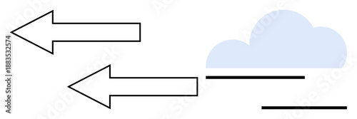 Two bold arrows directed left alongside a simple cloud and horizontal lines, representing direction, movement, air flow, strategy, progress, environment, and decision-making. Minimal flat design