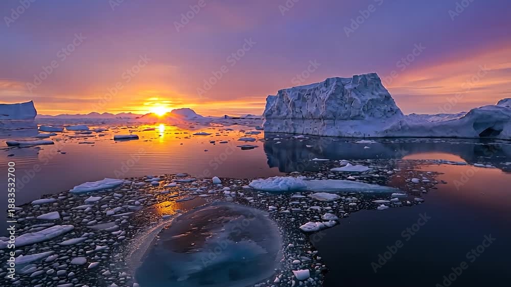 Sunrise Over Ilulissat Icefjord Greenland Seascape Rotate Camera Video sunrise-over-ilulissat-icefjord-greenland-seascape-rotate-camera-video