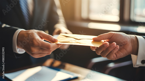 Businessman Handing Over Gold Envelope in Office - Professional Resignation, Bonus, or Formal Invitation Concept