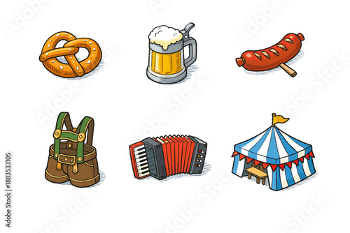 Oktoberfest celebration icons: beer, sausage, pretzel, lederhosen, accordion, and tent in cartoon style